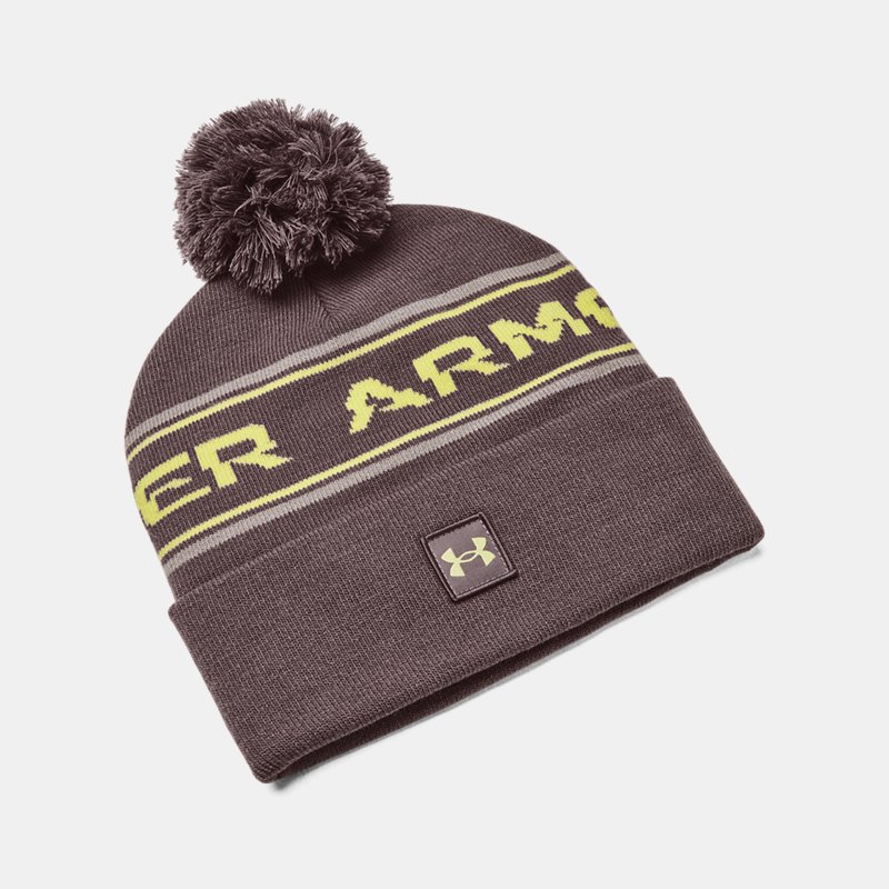 Men's Under Armour Halftime Pom Beanie Ash Taupe / Lime Yellow One Size